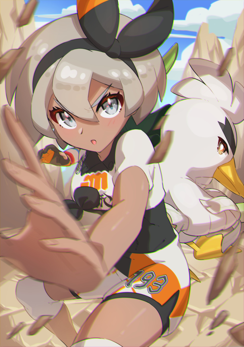 1girl :o absurdres bangs bea_(pokemon) black_bodysuit black_hairband blonde_hair blurry blush bodysuit bodysuit_under_clothes bow_hairband chromatic_aberration cloud collared_shirt commentary_request day dynamax_band eyelashes gen_8_pokemon gloves grey_eyes gym_leader hair_between_eyes hairband highres knee_pads looking_at_viewer open_mouth outdoors partially_fingerless_gloves pokemon pokemon_(creature) pokemon_(game) pokemon_swsh print_shirt print_shorts rock shiny shiny_skin shirt short_hair short_sleeves shorts side_slit side_slit_shorts single_glove sirfetch'd sky squatting taisa_(lovemokunae) v-shaped_eyebrows