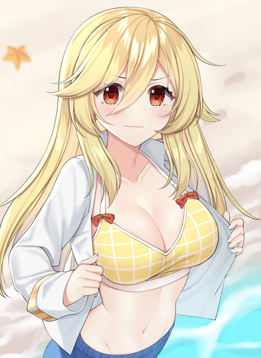 1girl alternate_breast_size bangs beach bikini bikini_top blonde_hair bow bow_swimsuit breasts cleavage commentary english_commentary girls'_frontline gold_trim hair_between_eyes highres large_breasts light_blush light_smile long_hair long_sleeves looking_at_viewer mod3_(girls'_frontline) nagant_revolver_(girls_frontline) navel no_hat no_headwear open_clothes open_shirt red_bow red_eyes rynzfrancis sand shirt sidelocks solo starfish swimsuit swimsuit_under_clothes undressing water white_shirt yellow_bikini