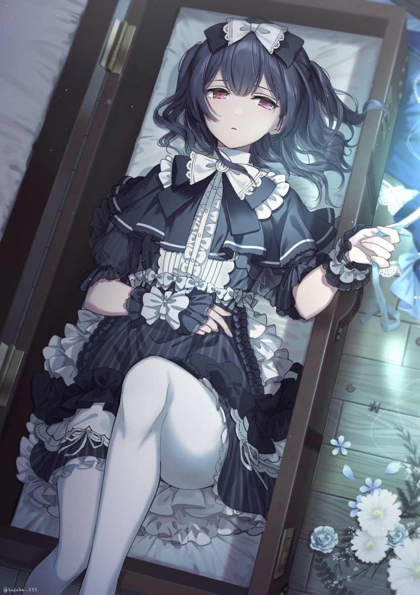 1girl bangs black_bow black_dress black_wrist_cuffs blue_dress bow commentary dark_blue_hair dress expressionless feet_out_of_frame floor flower frilled_dress frills gothic_lolita hair_between_eyes hair_bow hand_up highres holding holding_ribbon idolmaster idolmaster_shiny_colors indoors lolita_fashion looking_to_the_side lying morino_rinze on_back pantyhose parted_lips red_eyes ribbon short_hair short_sleeves solo suitcase tagme takeko_spla wavy_hair white_bow white_flower white_legwear wrist_cuffs