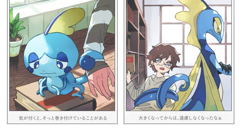 1boy bangs blue_eyes book bookshelf bright_pupils brown_hair closed_mouth commentary_request crossed_arms gen_8_pokemon glasses indoors inteleon long_sleeves looking_to_the_side male_focus newo_(shinra-p) plant pokemon pokemon_(creature) potted_plant short_hair sobble starter_pokemon sweatdrop sweater translation_request wavy_mouth white_pupils yellow_eyes
