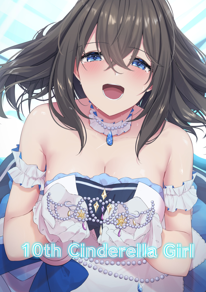 1girl bangs bead_bracelet beads black_hair blue_eyes blush bracelet breasts cleavage dress english_text eyebrows_visible_through_hair fuurin_restia gloves highres idolmaster idolmaster_cinderella_girls idolmaster_cinderella_girls_starlight_stage jewelry large_breasts looking_at_viewer necklace open_mouth pearl_bracelet pearl_necklace pocket_watch sagisawa_fumika solo starry_sky_bright_(idolmaster) strapless strapless_dress tiara tiara_removed watch white_dress white_gloves