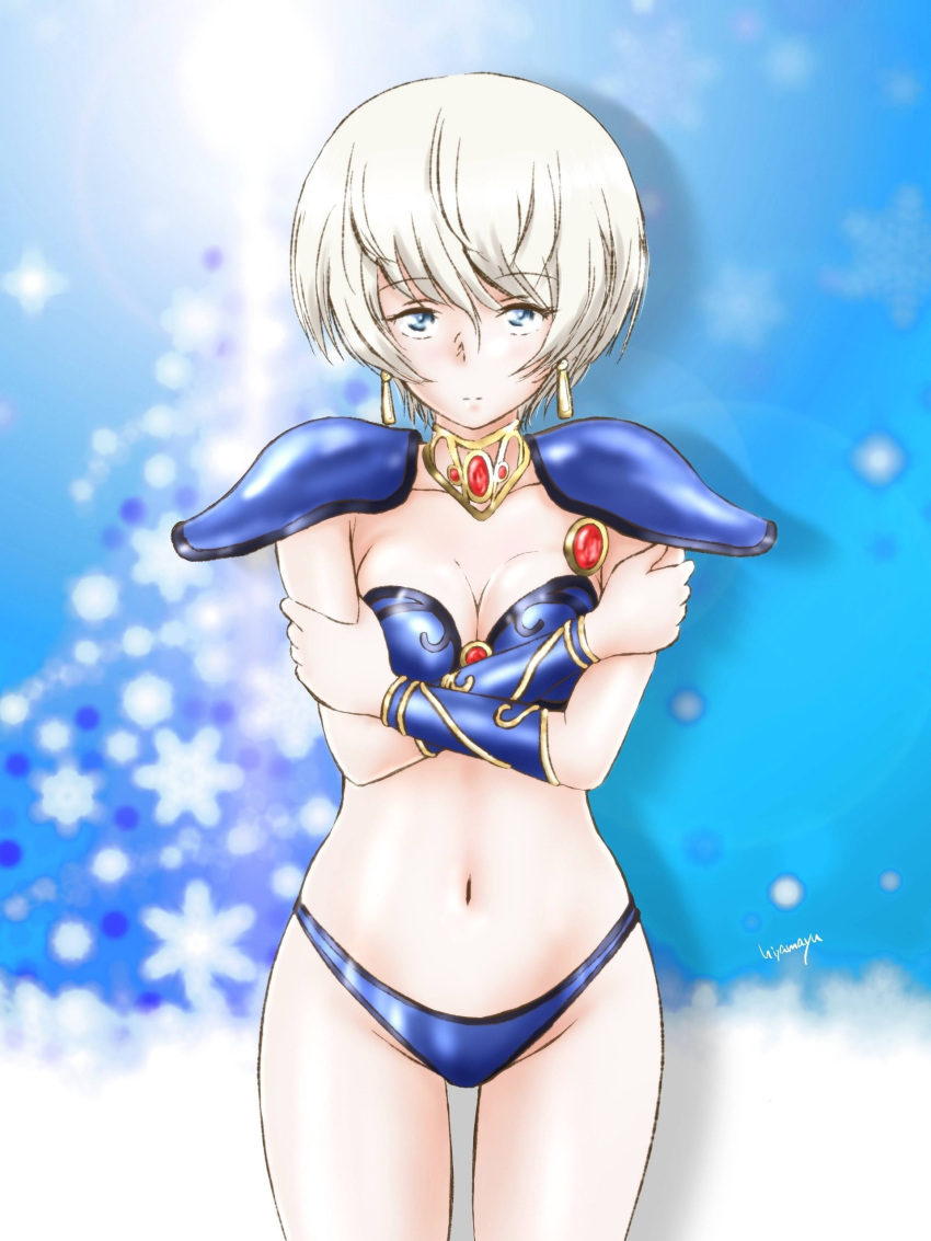 1girl absurdres armor artist_name asagiri_youko asagiri_youko_(cosplay) bangs bikini_armor blue_background blue_eyes breasts cleavage closed_mouth collar commentary_request cosplay cowboy_shot crossed_arms earrings expressionless eyebrows_visible_through_hair genmu_senki_leda girls_und_panzer highres hiyama_yuu_(wee259hiyama) jewelry looking_at_viewer medium_breasts metal_collar namesake navel partial_commentary pauldrons short_hair shoulder_armor signature silver_hair snowflake_background solo standing vambraces youko_(girls_und_panzer)