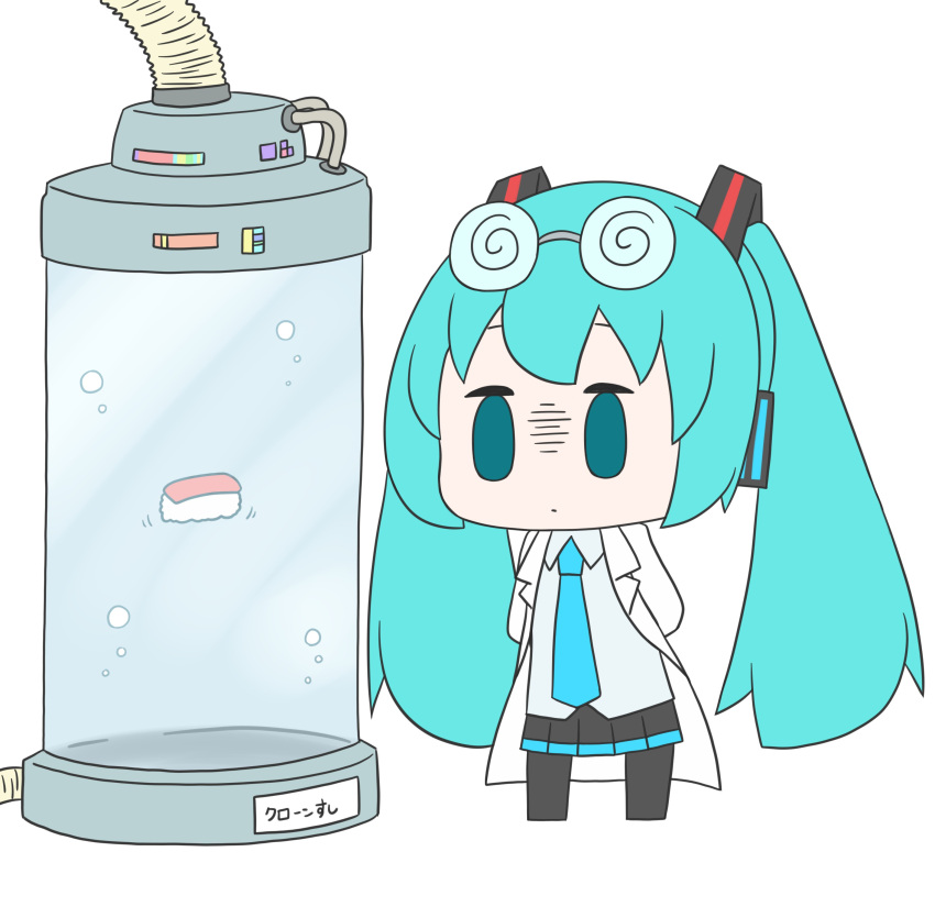 1girl @_@ absurdres aqua_eyes aqua_hair aqua_neckwear arms_behind_back black_legwear black_skirt bubble chibi coat coke-bottle_glasses commentary food glasses goggles goggles_on_head grey_shirt hair_ornament hatsune_miku hatsune_negame headphones highres labcoat long_hair necktie nigirizushi pipe pleated_skirt scientist shirt simple_background skirt sleeveless sleeveless_shirt solid_oval_eyes solo standing sushi tube twintails vat very_long_hair vocaloid white_background white_coat