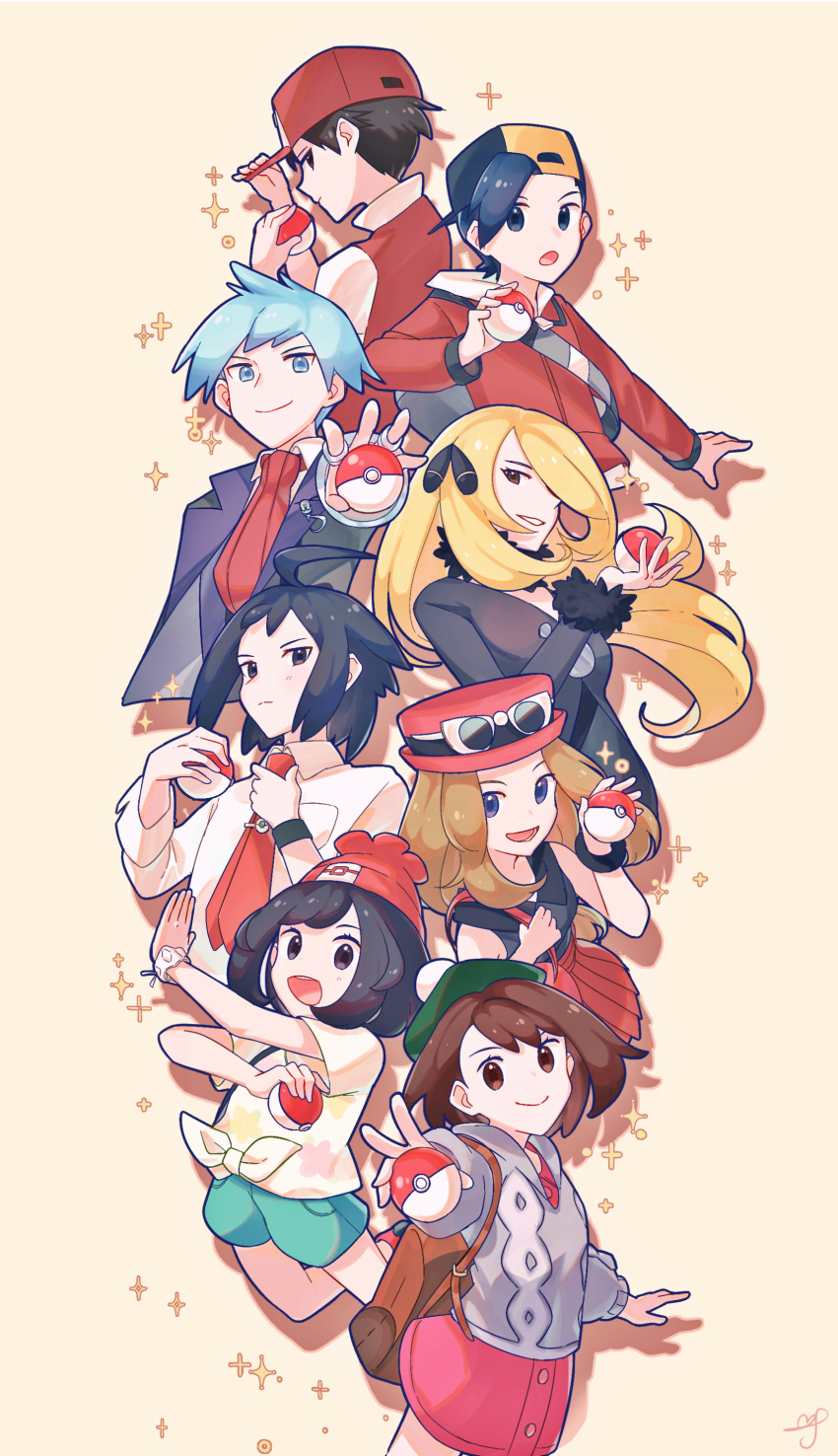 4boys 4girls :d absurdres adjusting_neckwear ahoge backpack backwards_hat bag bangs baseball_cap beanie black_hair blonde_hair blue_hair bracelet brown_bag brown_eyes brown_hair buttons cable_knit cardigan cheren_(pokemon) closed_mouth coat collared_dress collared_shirt commentary_request cynthia_(pokemon) dress ethan_(pokemon) fur-trimmed_coat fur_trim gloria_(pokemon) green_headwear green_shorts grey_cardigan hair_ornament hair_over_one_eye hand_on_headwear hand_up hands_up hat highres holding holding_poke_ball holding_strap hooded_cardigan jacket jewelry long_hair long_sleeves multiple_boys multiple_girls necktie open_mouth pink_dress pleated_skirt poke_ball poke_ball_(basic) pokemon pokemon_(game) pokemon_bw2 pokemon_dppt pokemon_hgss pokemon_oras pokemon_rgby pokemon_sm pokemon_swsh pokemon_xy red_(pokemon) red_headwear red_jacket red_neckwear red_skirt selene_(pokemon) serena_(pokemon) shirt short_hair shorts skirt sleeveless sleeveless_shirt smile sparkle steven_stone sunglasses tam_o'_shanter tied_shirt tongue umbrella_(user_nrtf5223) white-framed_eyewear white_shirt yellow_shirt