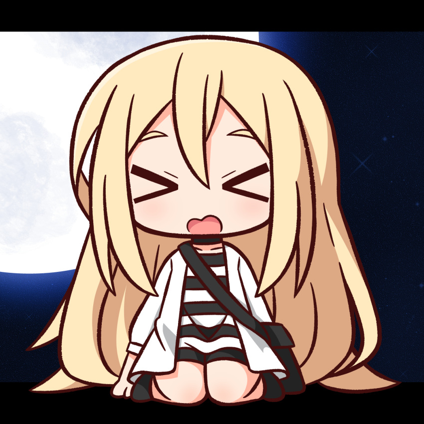 &gt;_&lt; 1girl bag bangs black_footwear black_shorts blonde_hair chibi closed_eyes eyebrows_behind_hair facing_viewer full_body full_moon hair_between_eyes hana_kazari highres jacket letterboxed long_hair moon open_clothes open_jacket open_mouth rachel_gardner satsuriku_no_tenshi shirt shoes short_shorts shorts shoulder_bag sitting solo striped striped_shirt very_long_hair wariza wavy_mouth white_jacket