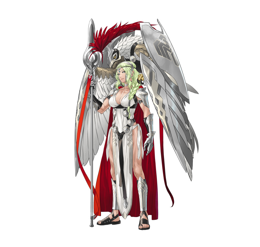1girl absurdres animal armor bangs bird braid breasts cape choker circlet cleavage collarbone commentary_request dress earrings fire_emblem fire_emblem_heroes full_body gauntlets green_hair highres jewelry kozaki_yuusuke long_hair looking_at_viewer medium_breasts mole mole_under_eye nott_(fire_emblem) official_art pelvic_curtain polearm shoulder_armor simple_background sleeveless sleeveless_dress smile solo spear thighs tied_hair toeless_footwear toes weapon white_background white_dress