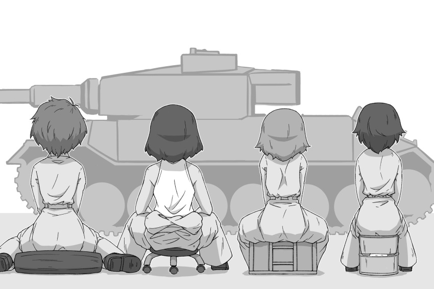 4girls bob_cut bucket clothes_around_waist commentary dark-skinned_female dark_skin facing_away from_behind girls_und_panzer gloves greyscale ground_vehicle highres hoshino_(girls_und_panzer) jumpsuit long_sleeves mechanic medium_hair military military_vehicle monochrome motor_vehicle multiple_girls nakajima_(girls_und_panzer) renshiu shoes short_hair sitting stool suzuki_(girls_und_panzer) tank tank_top tiger_(p) tire tomboy tsuchiya_(girls_und_panzer) uniform v_arms wariza