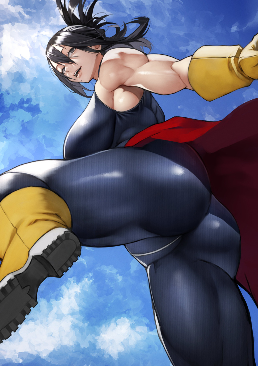 1girl absurdres ass black_eyes black_hair blue_sky bodysuit boku_no_hero_academia boots breasts day gloves hair_between_eyes highres large_breasts lips looking_at_viewer mole mole_under_mouth shimura_nana short_hair sky smile solo teeth upper_teeth yellow_footwear yellow_gloves yoshio_(55level)