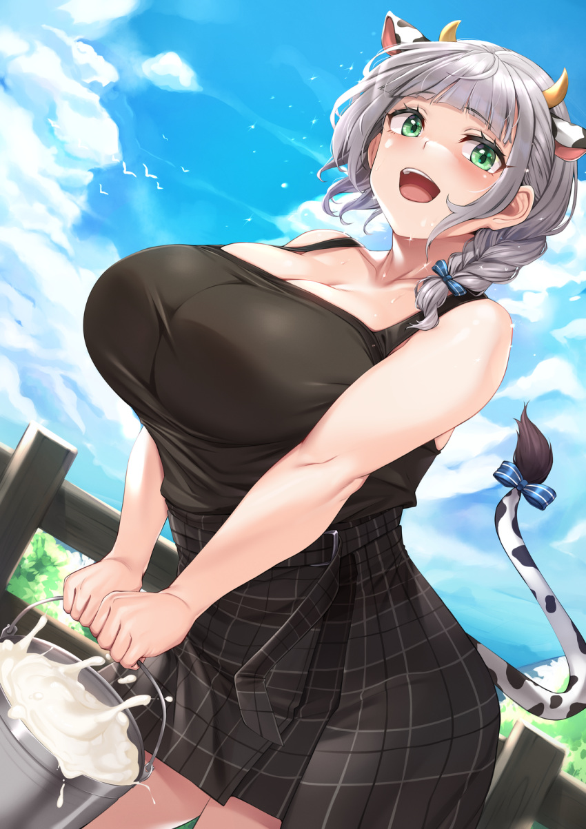 1girl animal_ears bangs bare_shoulders black_dress blue_sky blunt_bangs blush breasts bucket cleavage collarbone cow_ears cow_horns cow_tail curvy dress fence green_eyes highres hololive horns large_breasts looking_at_viewer milk moisture_(chichi) open_mouth shirogane_noel short_braid short_hair silver_hair sky smile solo tail wooden_fence