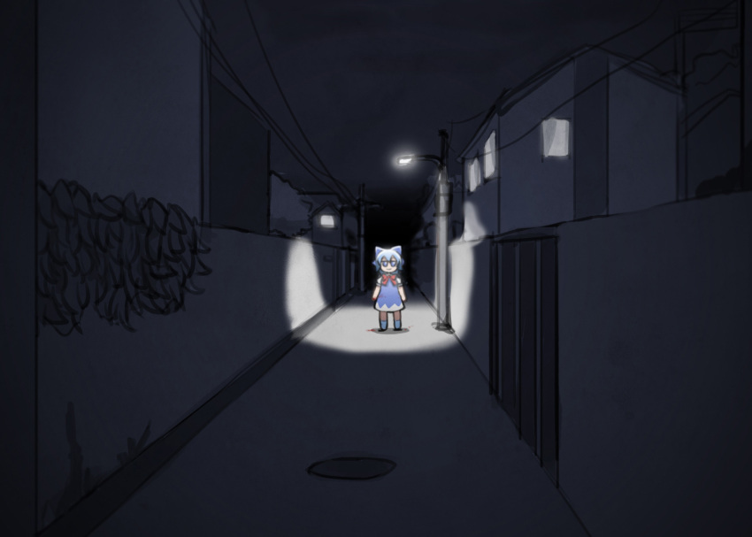 blood bloody_hands blouse blue_dress blue_eyes blue_footwear blue_hair blue_ribbon bow bush cirno cloud cloudy_sky dress dress_shirt fumo_(doll) hair_bow highres ice ice_wings lamppost leaf manhole_cover mata_(matasoup) night no_humans outdoors pinafore_dress puffy_short_sleeves puffy_sleeves red_bow red_neckwear red_ribbon ribbon road shirt short_hair short_sleeves sky smile street touhou white_blouse white_shirt window wing_collar wings