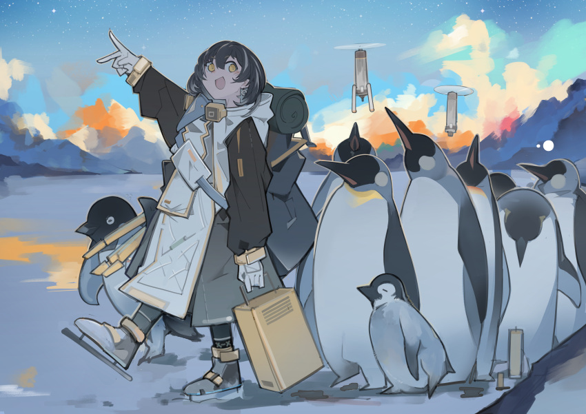 1girl 6+others :d absurdres animal arknights backpack bag bangs beak_mask bird black_coat black_footwear brown_eyes brown_hair cloud coat day earrings evening full_body gloves highres holding hood hood_down hooded_coat ice_skates infection_monitor_(arknights) jewelry jumbowhopper long_sleeves looking_at_viewer magallan_(arknights) mask mask_around_neck mountain multicolored_hair multiple_others open_mouth ornament outdoors penguin short_hair single_earring skates sky smile snow streaked_hair theodolite v white_gloves white_hair winter_clothes winter_coat