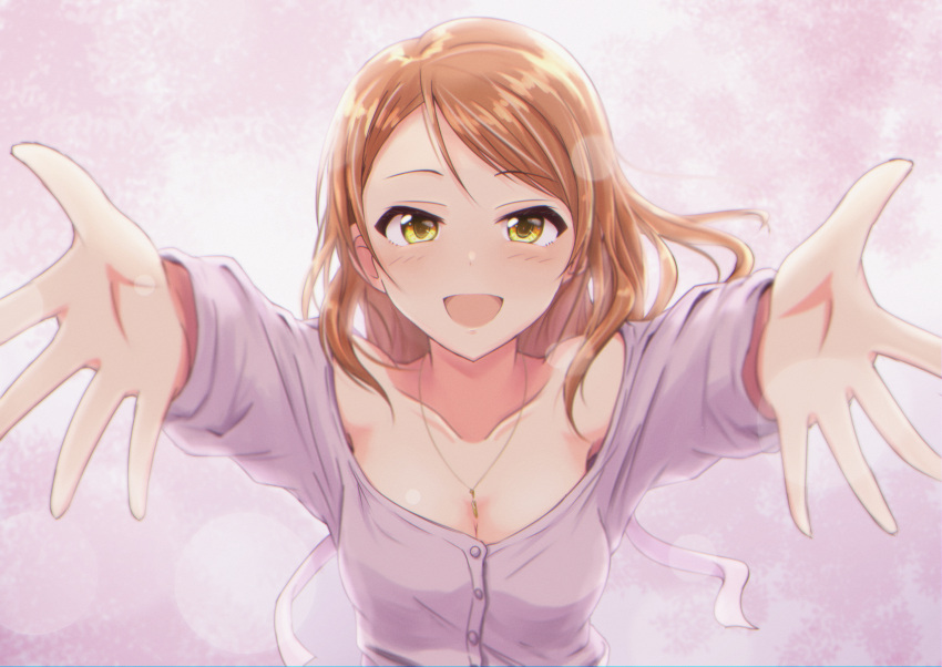 1girl absurdres bangs breasts brown_eyes brown_hair cleavage commentary_request cyde highres houjou_karen huge_filesize idolmaster idolmaster_cinderella_girls idolmaster_cinderella_girls_starlight_stage jewelry lens_flare lens_flare_abuse long_hair looking_at_viewer medium_breasts necklace open_mouth outstretched_arms outstretched_hand solo swept_bangs