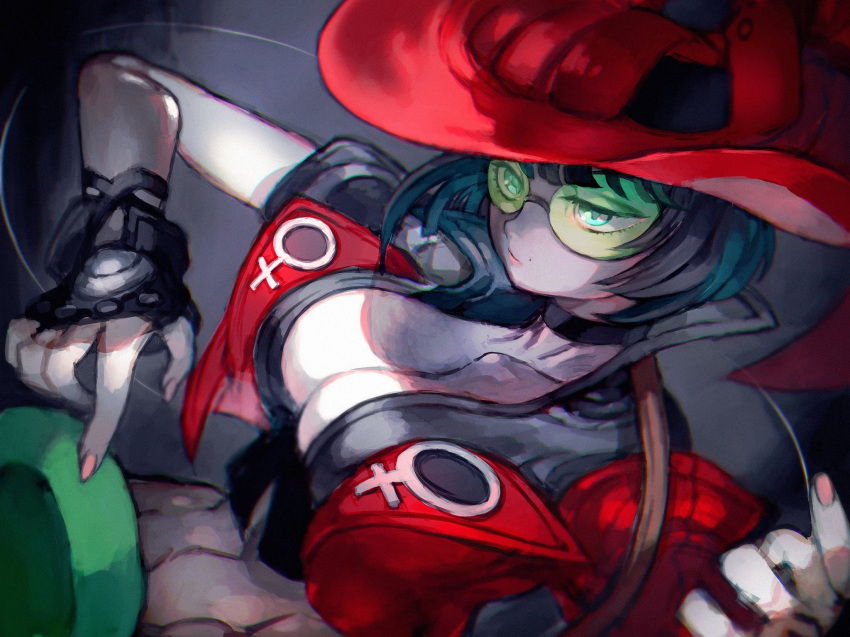 1girl bangs black_hair breasts choker cleavage fingerless_gloves gloves guilty_gear guilty_gear_strive hat highres i-no jacket midriff nail_polish red_headwear red_jacket short_hair sunglasses tinted_eyewear venus_symbol very_short_hair witch_hat yohane_shimizu