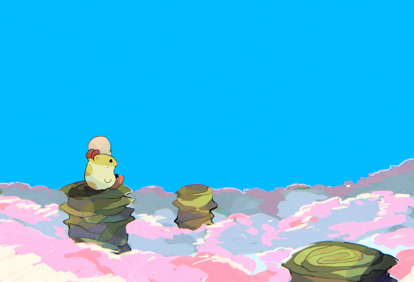 above_clouds animal blue_sky cloud day hamster kirby kirby's_dream_land_3 kirby_(series) no_humans outdoors pink_cloud rick_(kirby) rock scenery sitting sky soumenhiyamugi