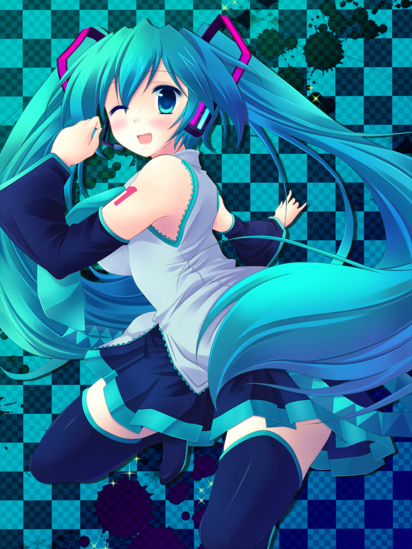 aqua_eyes aqua_hair boots checkered checkered_background collaboration collaboration_request detached_sleeves hatsune_miku headset highres long_hair necktie one_eye_closed skirt solo thigh_boots thighhighs twintails very_long_hair vocaloid yuzuki_sora