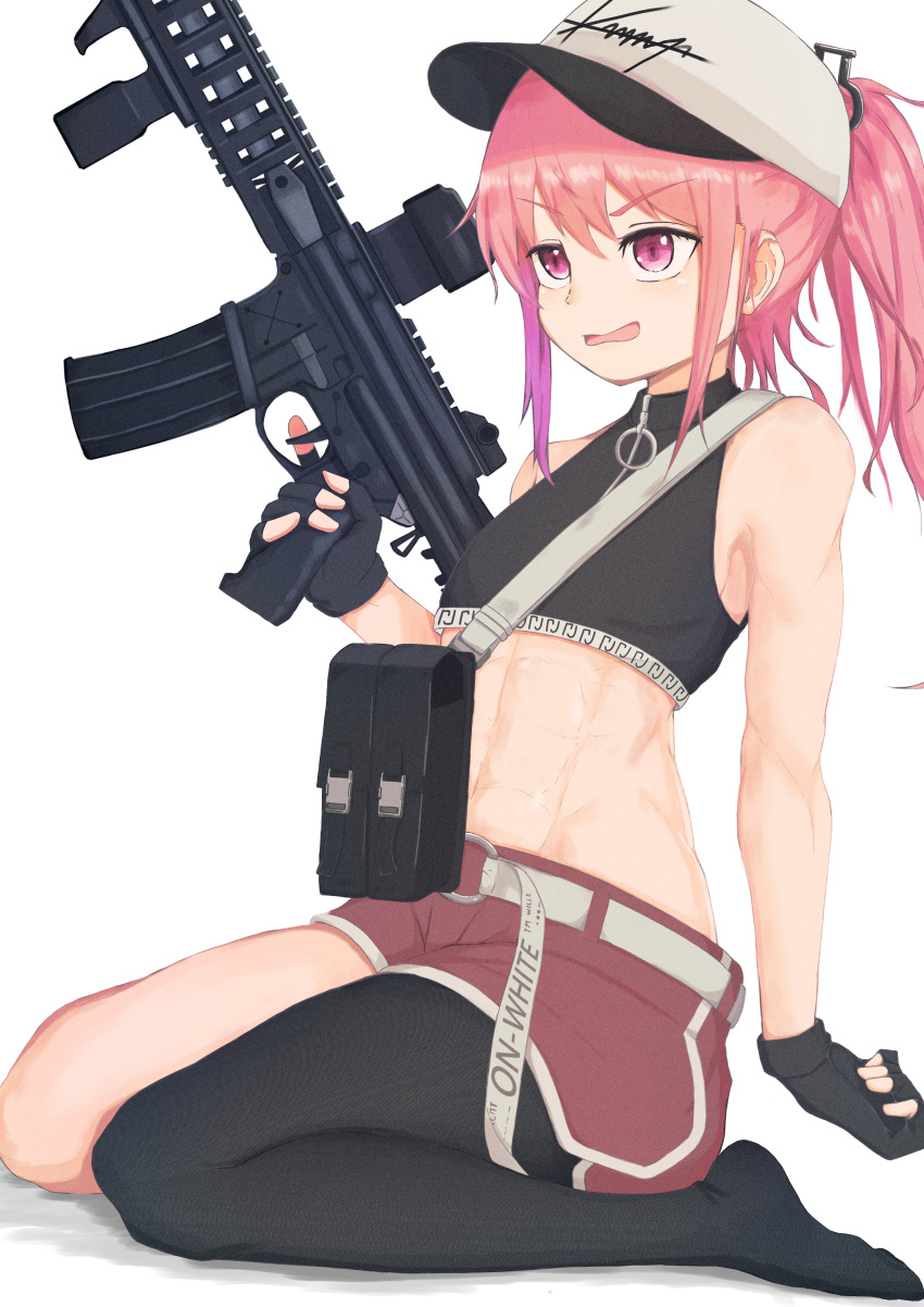 abs absurdres alternate_costume alternate_hairstyle ar-15 ar-57_(girls'_frontline) ar-57_(girls'_frontline)_(cosplay) assault_rifle bag bangs baseball_cap black_gloves black_legwear cosplay crop_top dolphin_shorts fingerless_gloves flat_chest girls'_frontline gloves gun hat highres holding holding_gun holding_weapon long_hair open_mouth pink_hair ponytail rifle rx78kuroko1 shirt short_shorts shorts shoulder_bag simple_background single_leg_pantyhose sitting sleeveless sleeveless_shirt st_ar-15_(girls'_frontline) stanag_magazine trigger_discipline wariza weapon white_background