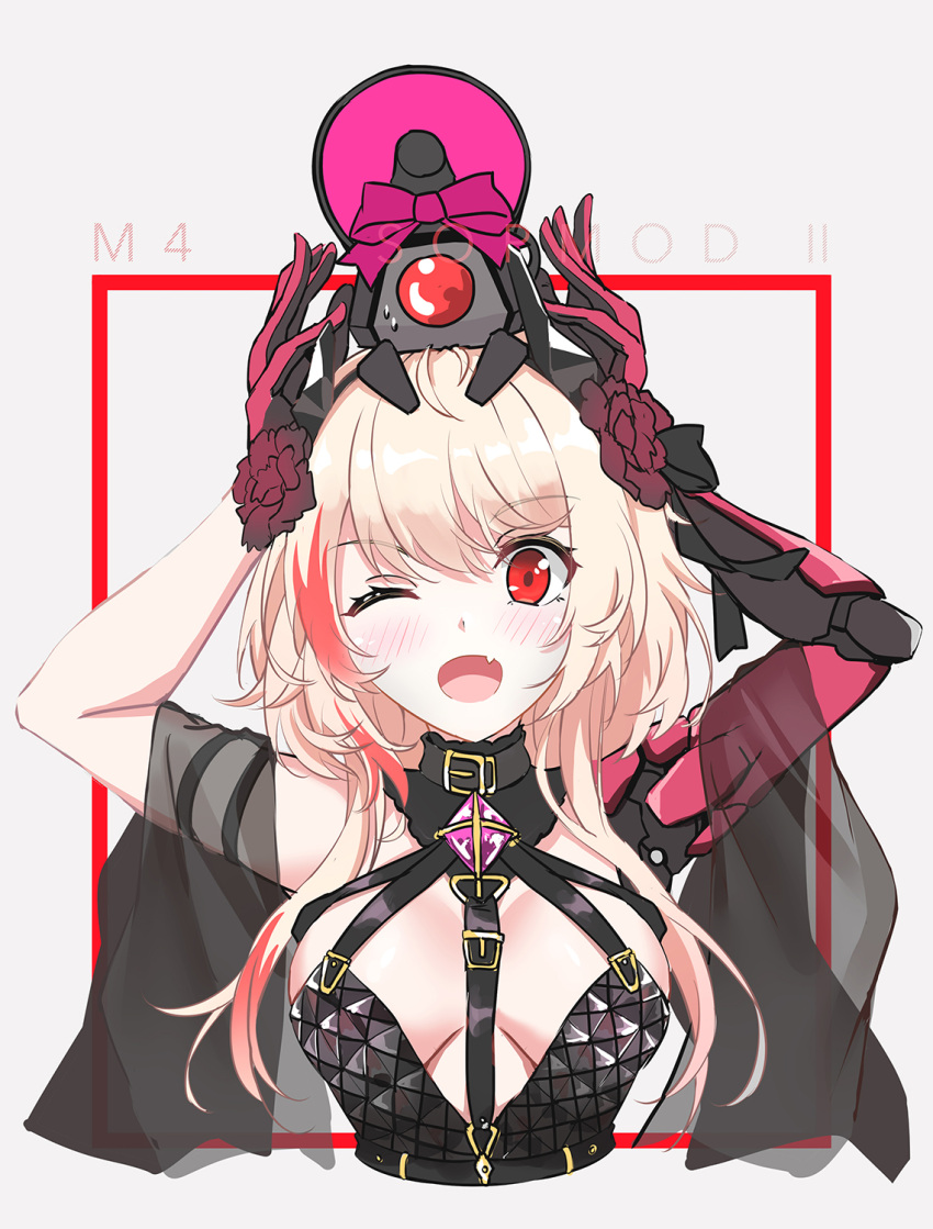 1girl banana_(girls'_frontline) bangs blush breasts cropped_torso eyebrows_visible_through_hair fang fatkewell flower food fruit girls'_frontline gloves hair_flower hair_ornament highres light_brown_hair long_hair looking_at_viewer m4_sopmod_ii_(girls'_frontline) mechanical_arms medium_breasts multicolored_hair official_alternate_costume one_eye_closed open_mouth red_eyes red_hair single_mechanical_arm skin_fang solo streaked_hair