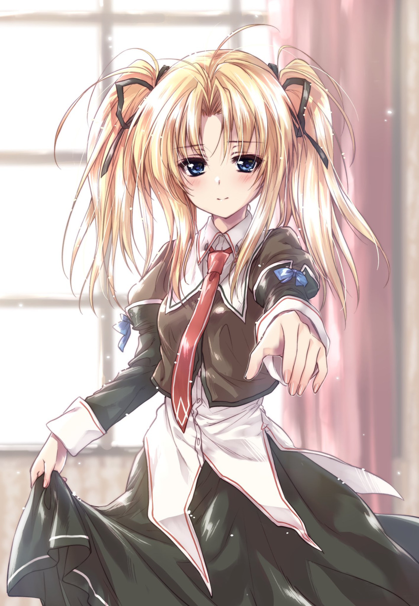 1girl backlighting bangs black_skirt blonde_hair blue_eyes blurry blurry_background blush closed_mouth collared_blouse commentary_request commission day depth_of_field eyebrows_visible_through_hair highres indoors juliet_sleeves kanojo_tachi_no_ryuugi kuroi_mimei light_particles light_smile long_skirt long_sleeves looking_at_viewer medium_hair messy_hair necktie parted_bangs puffy_sleeves reaching_out red_neckwear shirogane_tobari skeb_commission skirt solo standing twintails window