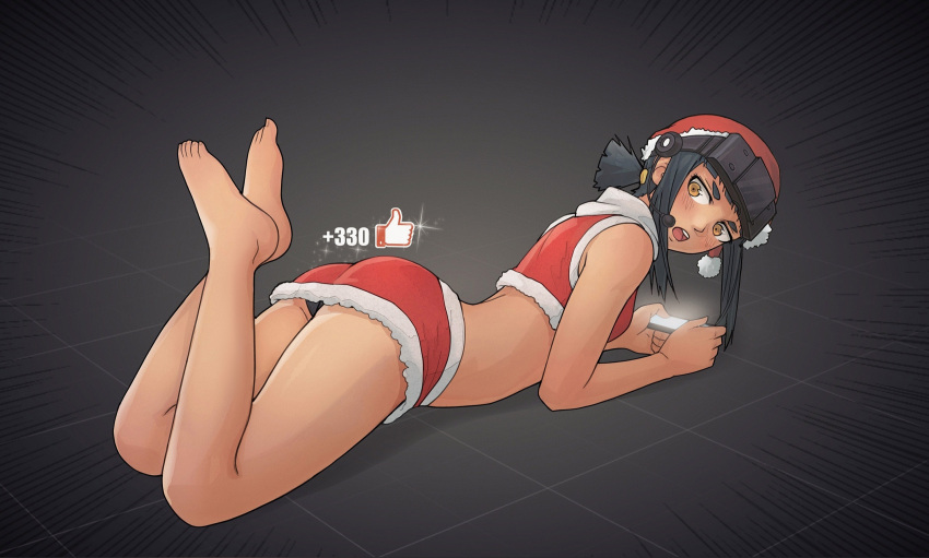 1girl ass bangs bare_arms bare_legs bare_shoulders barefoot black_hair black_panties blush breasts brown_eyes commentary crop_top emphasis_lines feet feet_up from_side full_body fur-trimmed_headwear fur_trim gloomy_(leonzo030) hat head_mounted_display highres holding holding_phone legs leonzo looking_at_viewer looking_back lying number on_ground on_stomach open_mouth original panties phone red_headwear red_skirt santa_hat scarf screen_light short_hair skirt small_breasts solo teeth thumbs_up underwear white_scarf