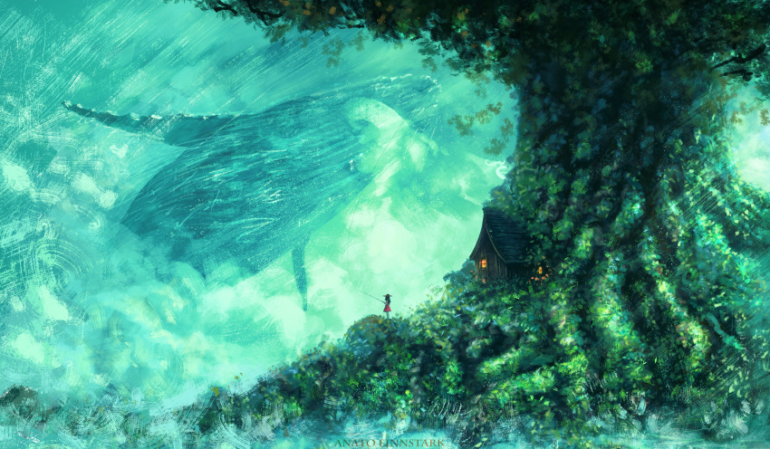 1girl absurdres anato_finnstark artist_name commentary english_commentary fantasy fishing fishing_rod flying_whale giant_tree green_theme hat highres house huge_filesize landscape original outdoors red_skirt scenery skirt solo tree whale wide_shot