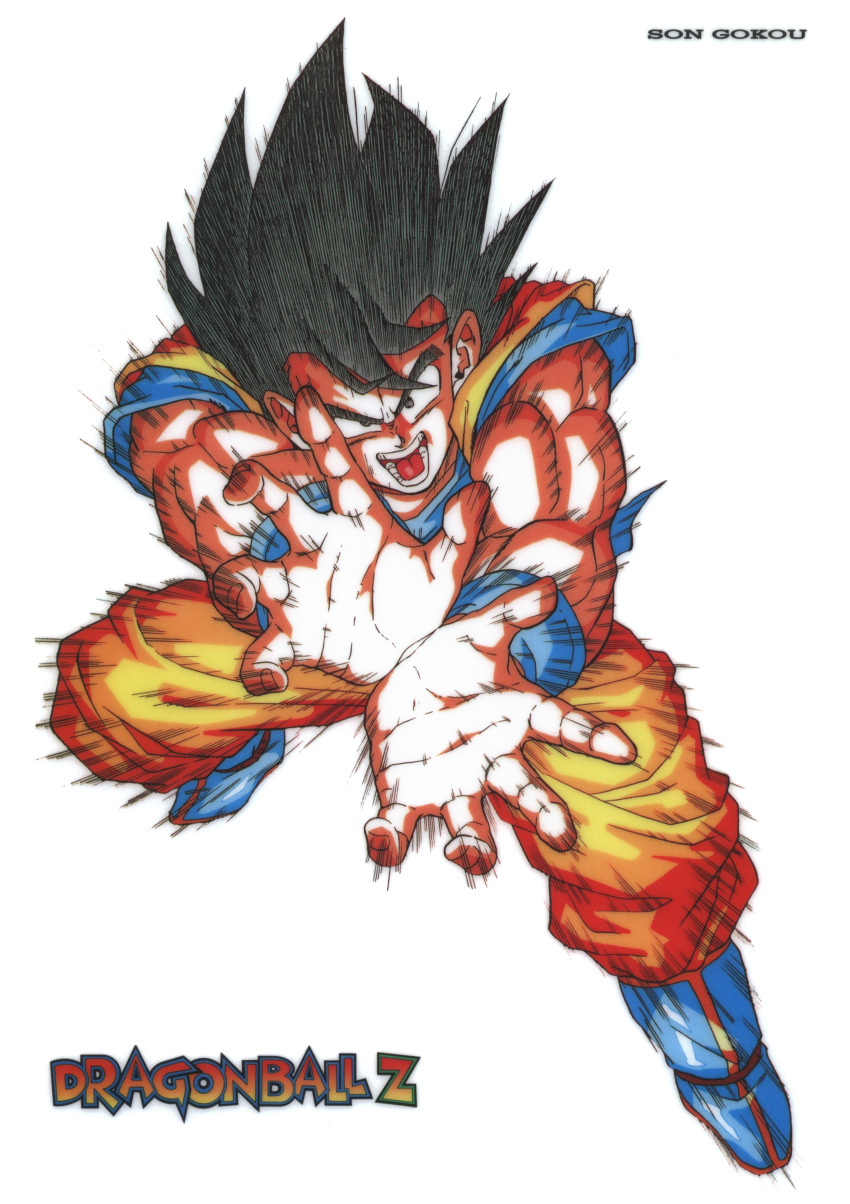 1990s_(style) 1boy absurdres attack black_eyes black_hair blue_footwear boots character_name copyright_name cupping_hands dougi dragon_ball dragon_ball_z fighting_stance floating_hair frown full_body hands highres incoming_attack kamehameha legs_apart light looking_at_viewer male_focus messy_hair muscular official_art open_mouth outstretched_arms retro_artstyle saiyan scan screaming simple_background solo son_goku special_moves speed_lines spiked_hair teeth toriyama_akira white_background wristband