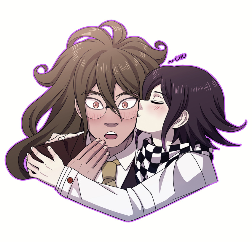 2boys :o bangs black_hair blush brown_eyes brown_hair checkered checkered_scarf cheek_kiss cheer_(cheerkitty14) closed_eyes collared_shirt commentary cropped_shoulders danganronpa_(series) danganronpa_v3:_killing_harmony dark_skin english_commentary from_side glasses gokuhara_gonta green_neckwear grey_jacket hair_between_eyes hug jacket kiss long_hair male_focus multiple_boys necktie ouma_kokichi outline pink_outline profile round_eyewear scarf shiny shiny_hair shirt upper_body upper_teeth yaoi