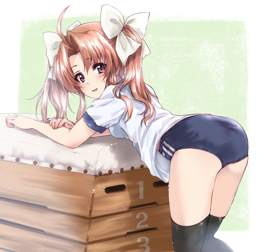 1girl ahoge ass bangs black_legwear blue_buruma bow brown_eyes brown_hair buruma commentary_request commission double_vertical_stripe dutch_angle from_behind gym_shirt gym_uniform hair_bow highres kagerou_(kancolle) kantai_collection kuroi_mimei leaning_forward looking_at_viewer looking_back medium_hair open_mouth parted_bangs partial_commentary shirt short_sleeves skeb_commission smile solo standing sweatdrop t-shirt thighhighs vaulting_horse white_bow white_shirt