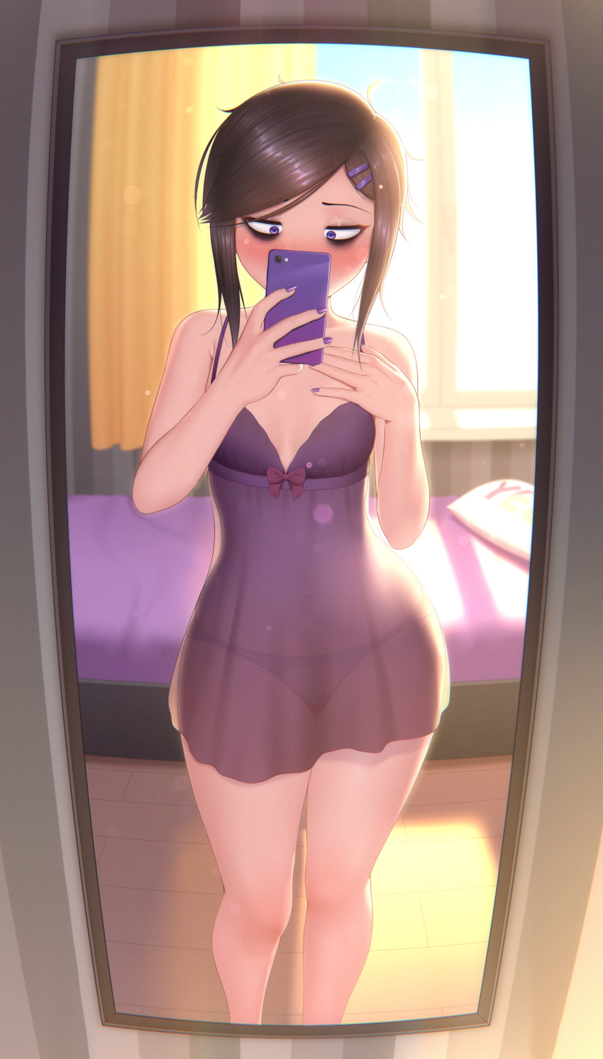 1girl absurdres bags_under_eyes bangs bed black_hair black_panties blush bow bow_panties cellphone contrapposto curtains female_pov fisheye hair_ornament hairclip hand_on_own_chest highres holding holding_phone indoors lens_flare lingerie looking_at_viewer mirror navel negligee nightgown nose_blush original panties phone pov purple_eyes purple_nails reflection renko_(renkonv) renkonv sanpaku see-through selfie short_hair short_hair_with_long_locks skindentation smartphone solo standing stomach swept_bangs taking_picture thighs underwear underwear_only window wooden_floor yes yes-no_pillow