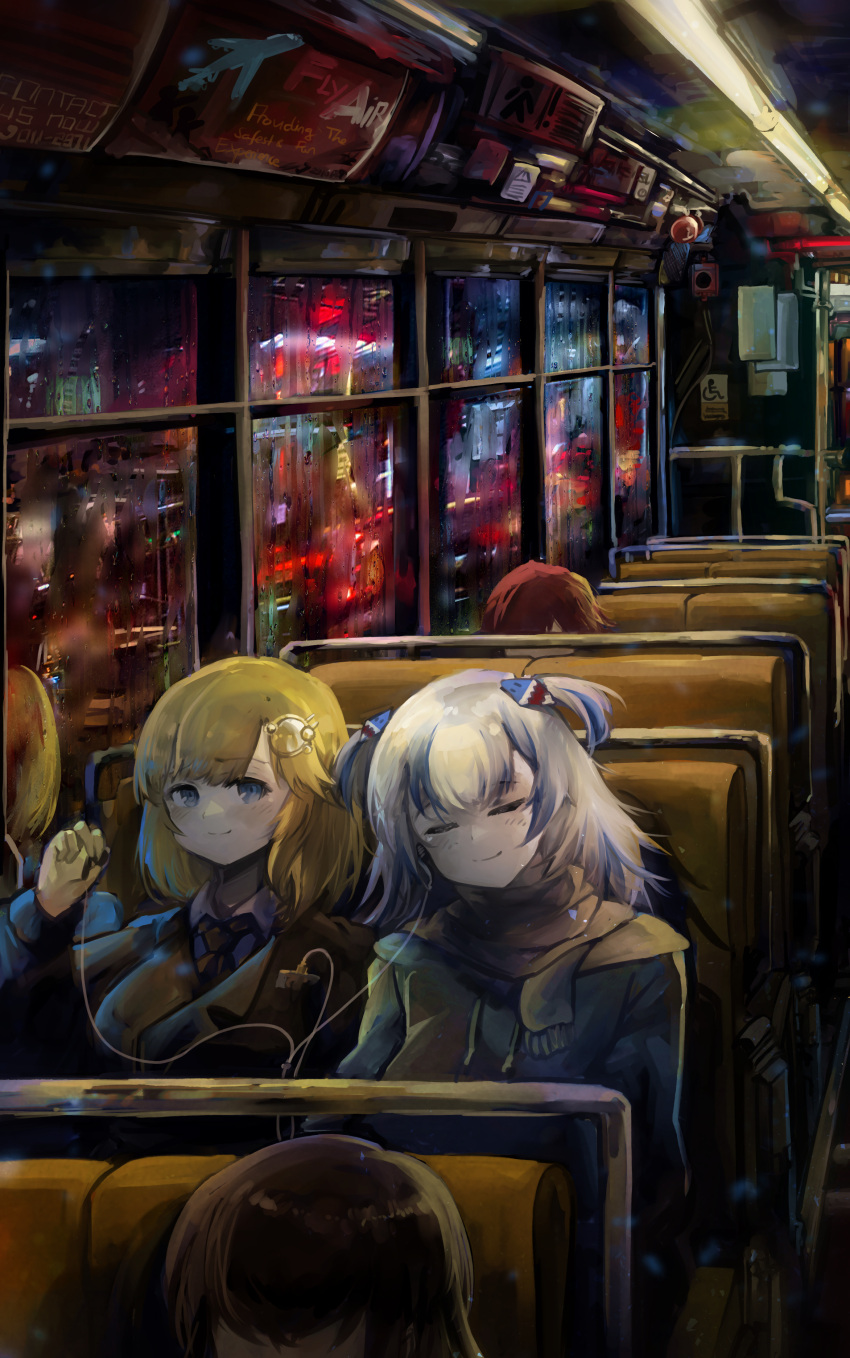 2girls absurdres blonde_hair blue_eyes blue_hair brown_hair bus_interior city_lights closed_eyes closed_mouth condensation earphones english_text eyebrows_visible_through_hair gawr_gura hair_ornament highres hololive hololive_english hood hoodie monocle_hair_ornament multicolored_hair multiple_girls necktie night rain raised_eyebrow red_hair reflection scarf seat shadow shared_earphones shark_hair_ornament sitting smile streaked_hair virtual_youtuber vyragami watson_amelia white_hair