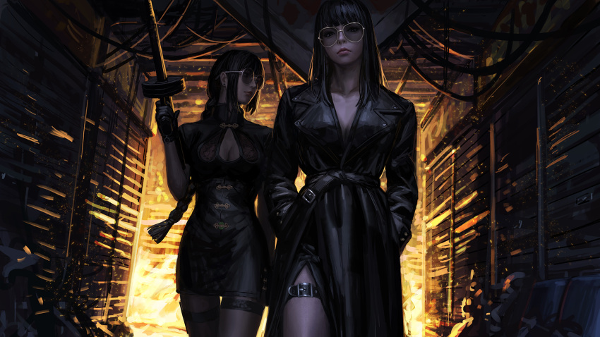 2girls backlighting black_coat black_dress black_hair braid breasts cleavage cleavage_cutout closed_mouth clothing_cutout coat commentary dress grey-framed_eyewear gun guweiz hands_in_pockets highres holding holding_gun holding_weapon long_hair long_sleeves looking_at_viewer looking_away looking_to_the_side medium_breasts multiple_girls original short_sleeves single_braid submachine_gun sunglasses symbol_commentary thompson_submachine_gun very_long_hair weapon