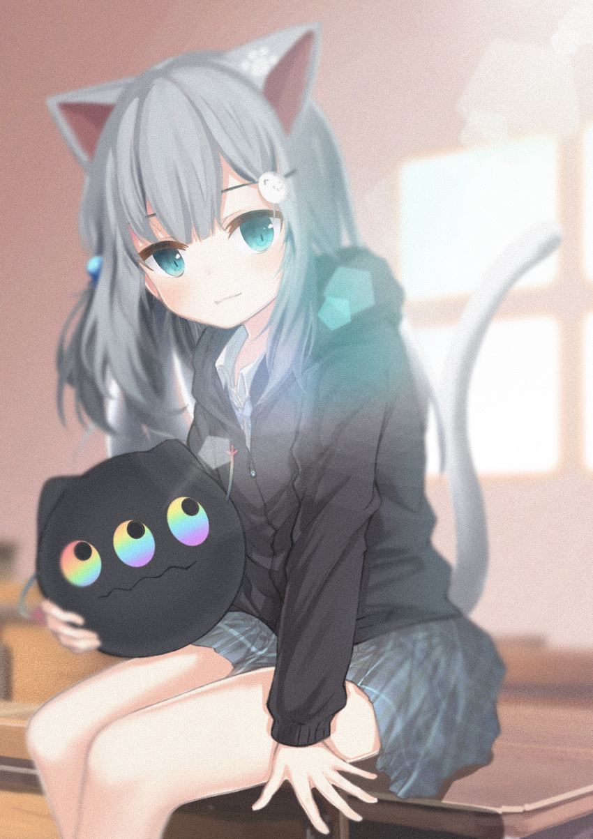 1girl absurdres animal_ears black_jacket blue_eyes blush borrowed_character cat_ears cat_girl eyebrows_behind_hair hair_ornament highres hood hood_down hooded_jacket irum jacket looking_at_viewer nekoha_shizuku nekomusume original silver_hair sitting skirt table tail thighs