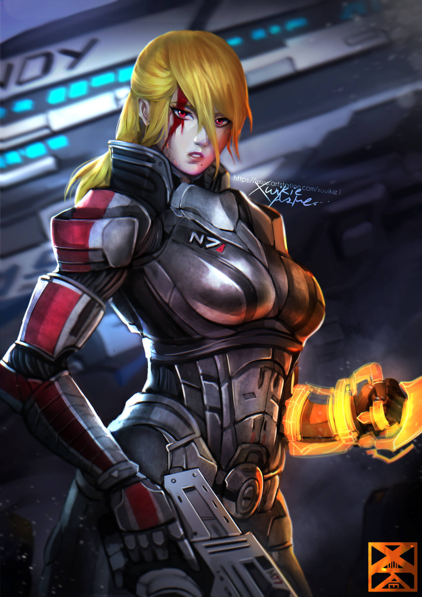 1girl absurdres arm_blade blonde_hair blood blood_on_face boobplate breasts commander_shepard commander_shepard_(female) commander_shepard_(female)_(cosplay) commentary_request cosplay gun handgun highres hologram injury large_breasts m-77_paladin mass_effect mass_effect_3 medium_hair metroid mole mole_under_mouth n7_armor normandy_sr-2 omnitool pistol power_armor red_eyes samus_aran signature solo trigger_discipline watermark weapon web_address xuuikie_ashe