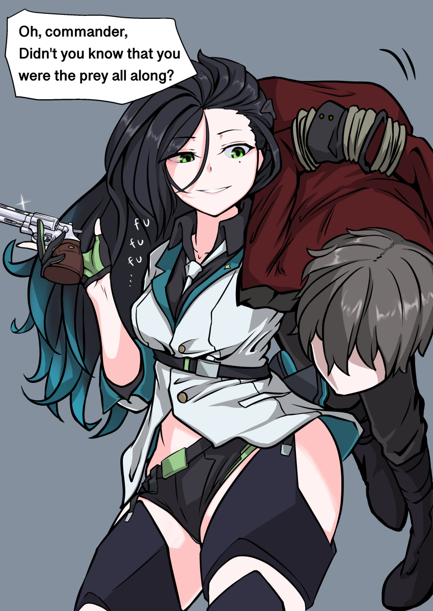 absurdres alternate_language assertive_female bdsm carrying carrying_over_shoulder colt_python commander_(girls'_frontline) english_text femdom girls'_frontline gun handgun highres hip_vent imminent_rape imminent_sex jacket long_hair open_clothes python_(girls'_frontline) restrained revolver rope sadism seductive_smile shorts smile speech_bubble stomach thighhighs trigger_discipline weapon white_jacket zandorosouls