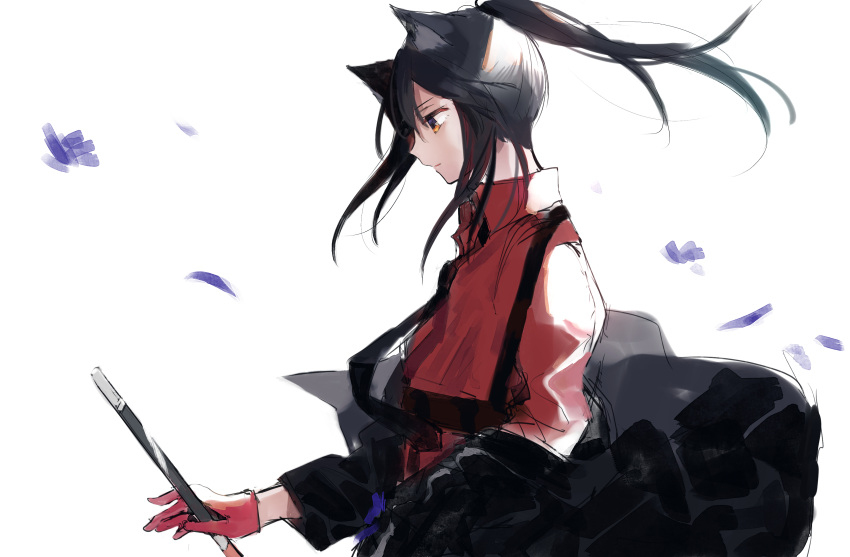 1girl absurdres animal_ears arknights black_hair black_jacket black_neckwear collared_shirt commentary english_commentary falling_petals floating_hair flower from_side gloves hand_up highres holding holding_sword holding_weapon jacket long_hair looking_away matsuzaka_(matsuzakagyu_29) necktie off_shoulder official_alternate_costume orange_eyes petals ponytail profile purple_flower red_gloves red_shirt shirt simple_background solo standing sword texas_(arknights) texas_(willpower)_(arknights) upper_body weapon white_background wolf_ears