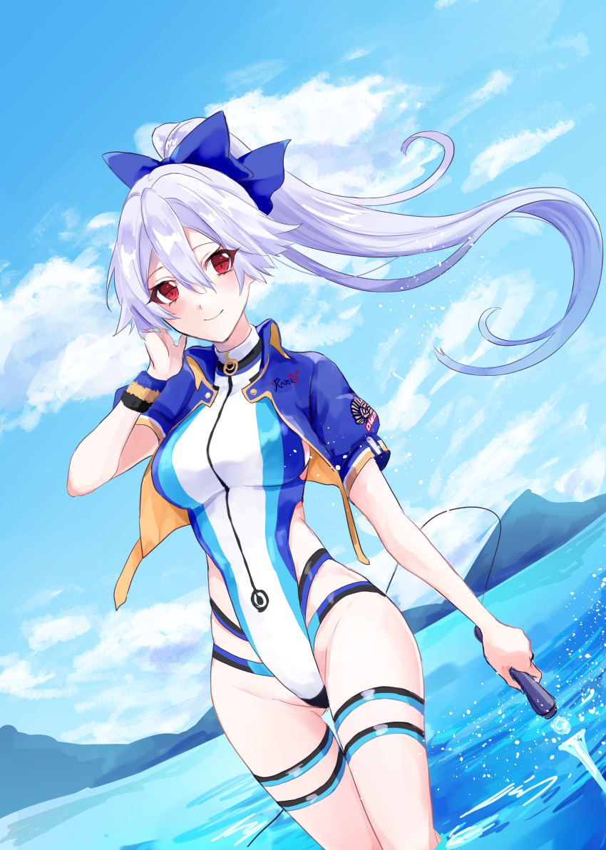 1girl absurdres blue_bow blue_jacket blue_sky blue_swimsuit bow breasts closed_mouth cloud commentary_request cropped_jacket day energy_sword fate/grand_order fate_(series) hair_between_eyes hair_bow hand_up high_ponytail highleg highleg_swimsuit highres holding holding_weapon jacket looking_at_viewer medium_breasts mountainous_horizon multicolored multicolored_clothes multicolored_swimsuit one-piece_swimsuit opensesamer outdoors ponytail puffy_short_sleeves puffy_sleeves red_eyes short_sleeves silver_hair sky smile solo striped_wristband swimsuit sword tomoe_gozen_(fate) tomoe_gozen_(swimsuit_saber)_(fate) two-tone_swimsuit wading water weapon white_swimsuit