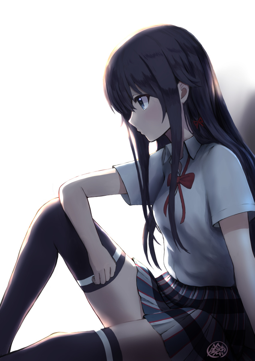 1girl black_eyes black_hair black_legwear bow bowtie closed_mouth dress_shirt from_side highres kashiiyou long_hair miniskirt pink_shirt plaid plaid_skirt pleated_skirt profile red_bow red_neckwear school_uniform shirt short_sleeves simple_background sitting skirt sobu_high_school_uniform solo straight_hair thighhighs very_long_hair white_background white_shirt yahari_ore_no_seishun_lovecome_wa_machigatteiru. yukinoshita_yukino zettai_ryouiki