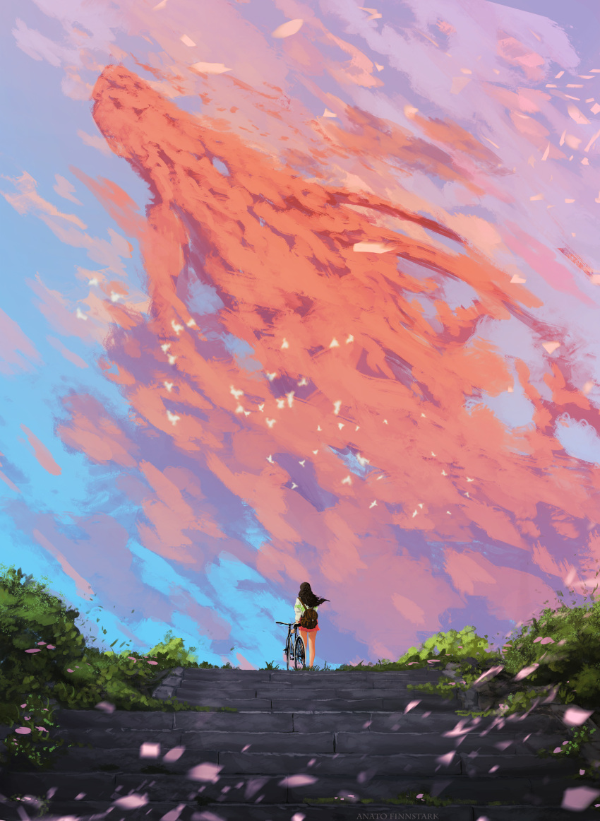 1girl absurdres anato_finnstark artist_name backpack bag bicycle black_hair cloud day dragon eastern_dragon from_behind ground_vehicle highres long_hair miniskirt ogino_chihiro older orange_sky outdoors red_skirt sen_to_chihiro_no_kamikakushi skirt sky solo standing wide_shot