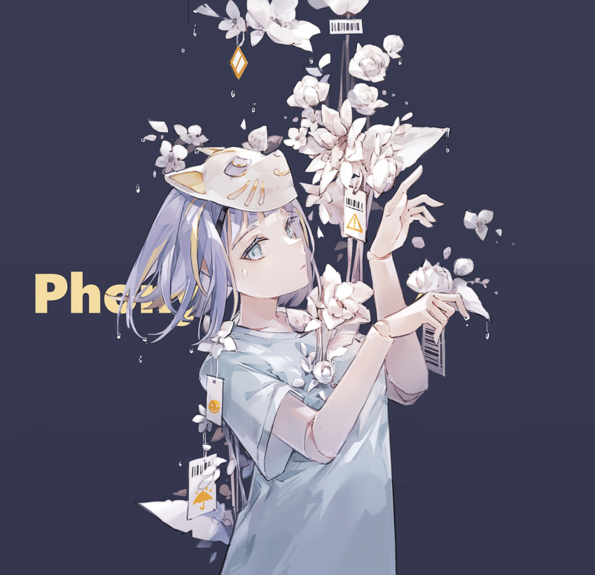 1girl bangs barcode cat_mask doll_joints english_text flower hands_up highres joints light_blue_eyes looking_at_viewer mask mask_on_head mechari paw_pose phony_(cevio) shirt short_hair sign silver_hair solo t-shirt upper_body warning_sign white_flower
