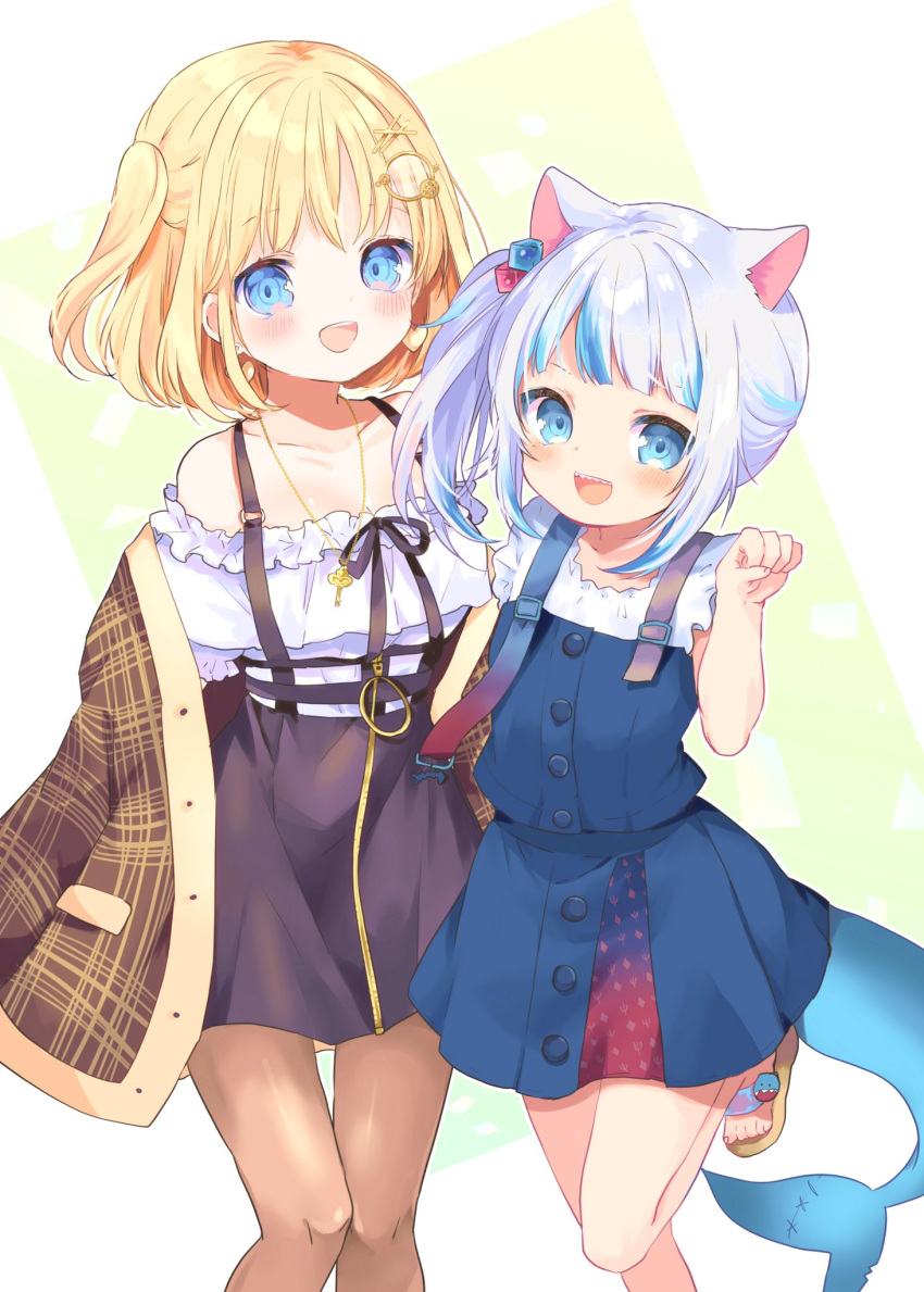 2girls animal_ears blonde_hair blue_hair brown_jacket cat_ears fish_tail gawr_gura hair_ornament highres hololive hololive_english jacket kosuzume multicolored_hair multiple_girls off-shoulder_shirt off_shoulder one_side_up open_mouth pantyhose paw_pose sandals shark_girl shark_tail sharp_teeth shirt side_ponytail silver_hair smile streaked_hair suspenders tail teeth virtual_youtuber watson_amelia x_hair_ornament