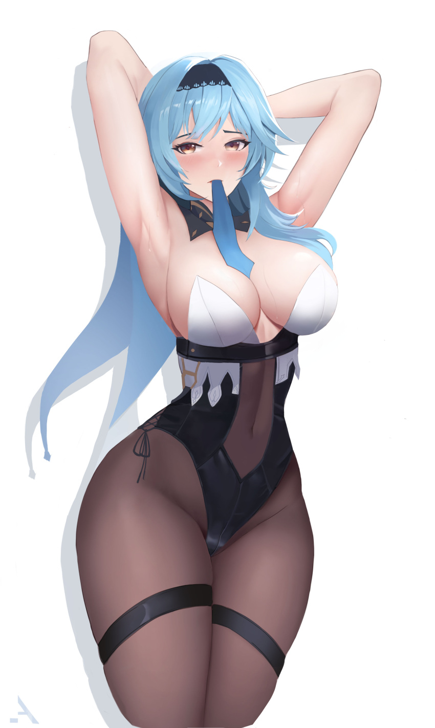 1girl absurdres armpits arms_behind_head arms_up bangs black_hairband blue_hair blue_neckwear blush breasts chinese_commentary commentary_request covered_navel eula_lawrence genshin_impact hairband highres large_breasts leotard looking_at_viewer medium_hair necktie necktie_in_mouth open_mouth pantyhose solo sweat ultra_(511455329) white_background yellow_eyes
