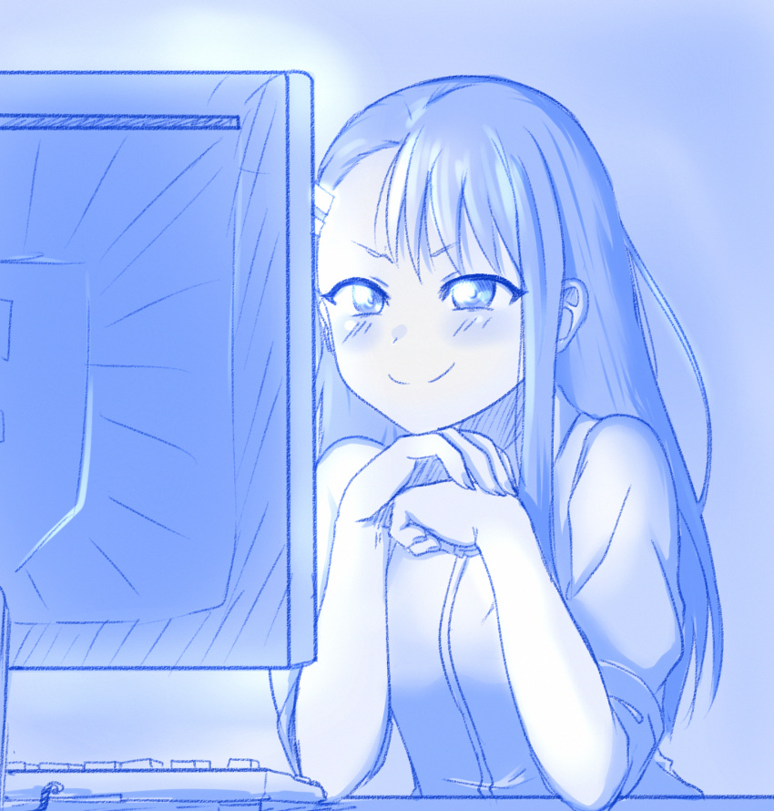 1girl asymmetrical_bangs at_computer bangs black_hair blue_theme ear_clip hair_ornament hairclip highres ijiranaide_nagatoro-san keyboard_(computer) monitor monochrome nagatoro_hayase screen_light smile smug tagme viperxtr