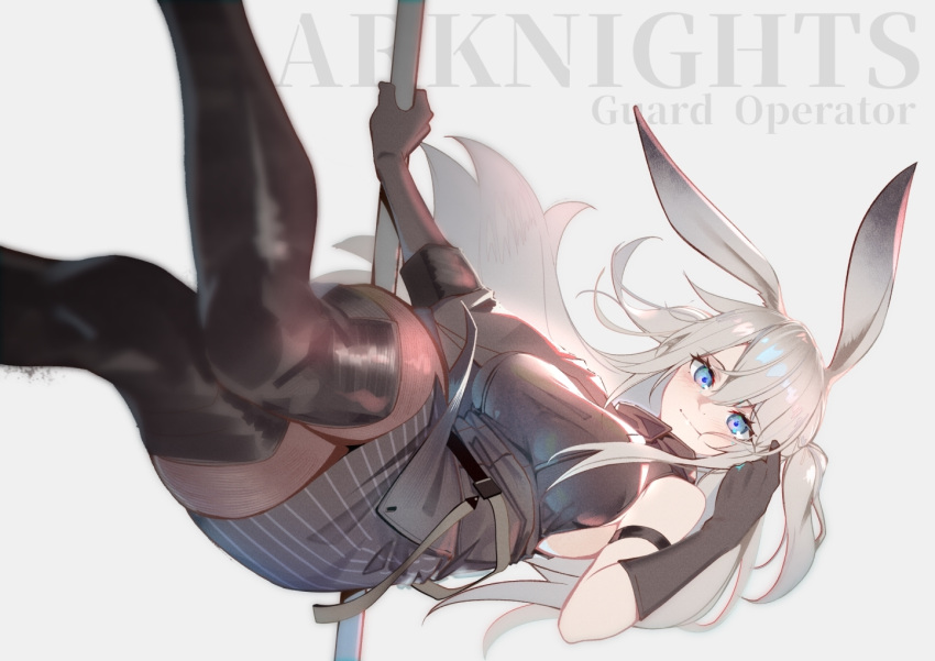1girl animal_ears arknights arm_strap black_gloves black_legwear black_shirt black_skirt blue_eyes bunny_ears copyright_name dutch_angle elbow_gloves feet_out_of_frame gloves holding knees_together_feet_apart long_hair looking_at_viewer pantyhose savage_(arknights) shirt side_ponytail silver_hair simple_background skirt solo thighhighs warashi white_background