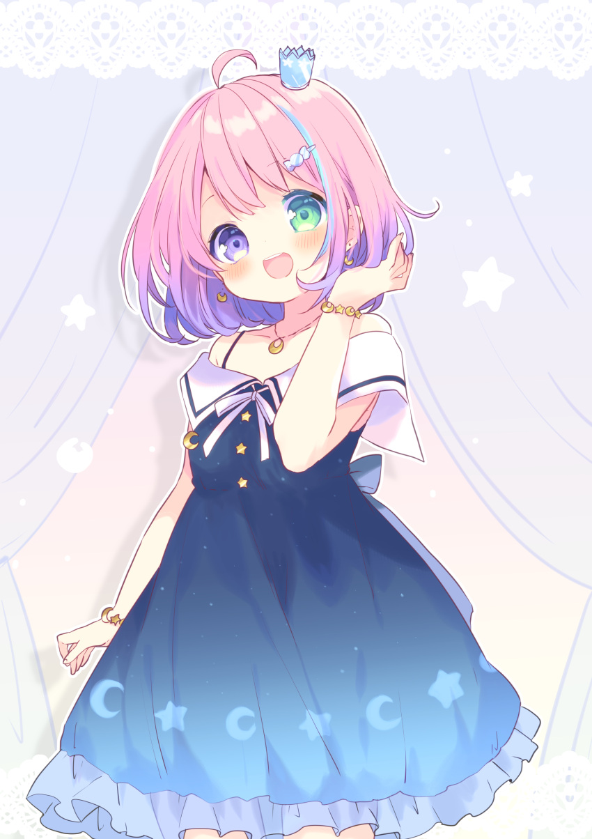 1girl absurdres ahoge aqua_hair bra_strap bracelet candy_hair_ornament crescent crescent_earrings crown curtains dress earrings food-themed_hair_ornament gradient_hair green_eyes hair_ornament heterochromia highres himemori_luna hololive jewelry kosuzume medium_hair mini_crown multicolored_hair off-shoulder_dress off_shoulder open_mouth pink_hair purple_eyes purple_hair smile solo star_(symbol) streaked_hair virtual_youtuber