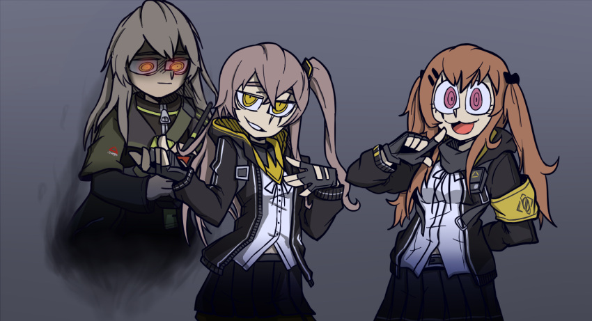 3girls 404_logo_(girls'_frontline) bangs black_gloves black_jacket black_skirt brown_hair cowboy_shot expressionless fingerless_gloves ghost girls'_frontline gloves glowing glowing_eyes grey_hair hair_between_eyes hair_ornament hair_ribbon hairclip haonfest_art helltaker jacket long_hair looking_at_viewer multiple_girls one_side_up open_clothes open_jacket open_mouth orange_eyes parted_lips pleated_skirt red_eyes ribbon scar scar_across_eye shirt skirt smile twintails ump40_(girls'_frontline) ump45_(girls'_frontline) ump9_(girls'_frontline) vanripper_(style) white_shirt yellow_eyes