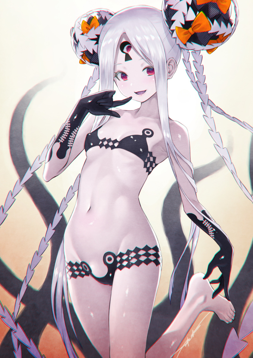 1girl abigail_williams_(fate) abigail_williams_(swimsuit_foreigner)_(fate) absurdres bangs bare_shoulders bikini black_bikini black_bow blush bow breasts collarbone colored_skin double_bun fate/grand_order fate_(series) feet forehead gradient gradient_background hat highres kazuma_muramasa keyhole long_hair micro_bikini multiple_bows navel open_mouth orange_bow parted_bangs photoshop_(medium) purple_eyes sidelocks small_breasts smile swimsuit tentacles thighs third_eye very_long_hair white_hair white_skin