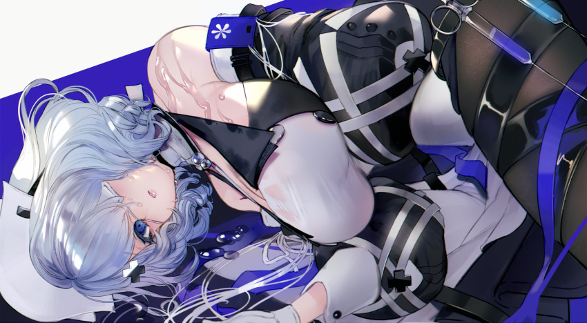1girl arknights bare_shoulders blue_eyes blue_hair breasts cleavage eyepatch gloves hair_over_one_eye highres lying medical_eyepatch nido_celisius on_side pantyhose puffy_sleeves shirt short_hair slime_(substance) solo syringe thigh_strap wet wet_clothes wet_shirt whisperain_(arknights) white_gloves