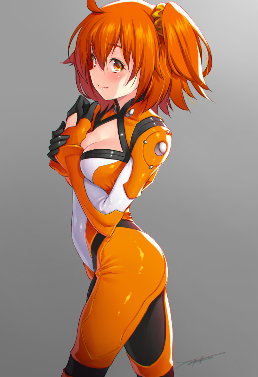 1girl absurdres ahoge bangs black_gloves blush bodysuit breasts chaldea_combat_uniform cleavage cleavage_cutout closed_mouth clothing_cutout command_spell fate/grand_order fate_(series) fujimaru_ritsuka_(female) gloves gradient gradient_background grey_background hair_between_eyes hair_ornament hair_scrunchie highres kazuma_muramasa looking_at_viewer medium_breasts one_side_up orange_bodysuit orange_eyes orange_hair orange_scrunchie photoshop_(medium) scrunchie short_hair smile solo thighs