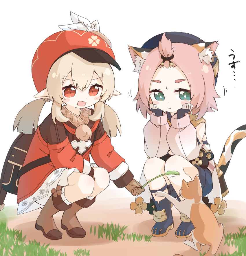 &gt;:q 2girls absurdres animal_ears animal_print backpack bag bloomers blush_stickers boots brown_footwear brown_gloves brown_scarf cabbie_hat cat cat_ears cat_print cat_tail cat_teaser clover_print coat commentary_request detached_sleeves diona_(genshin_impact) genshin_impact gloves green_eyes hat hat_feather hat_ornament head_rest highres holding hooded_coat klee_(genshin_impact) light_brown_hair looking_away low_twintails multiple_girls orange_eyes pink_hair randoseru red_coat scarf shorts simple_background squatting sweat tail thigh_boots thighhighs translation_request twintails underwear white_background yoshinao_(yoshinao_0203)
