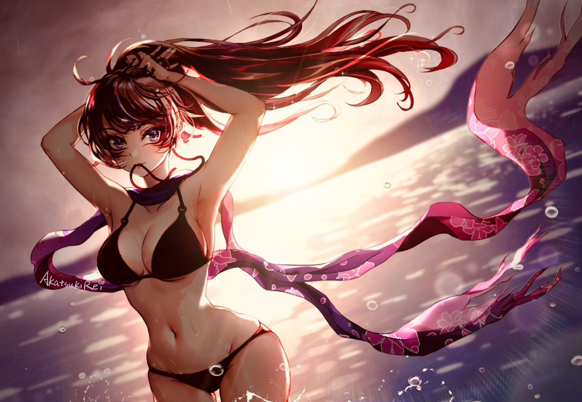 1girl armpits arms_up bikini black_bikini black_hair breasts cleavage commentary_request dutch_angle facial_mark hair_tie_in_mouth hands_in_hair highres kunimitsu_ii large_breasts looking_at_viewer mouth_hold navel ocean ponytail purple_eyes purple_scarf rei1028 scarf solo sunset swimsuit tekken tekken_7 thigh_gap tying_hair wading water wet whisker_markings wide_hips