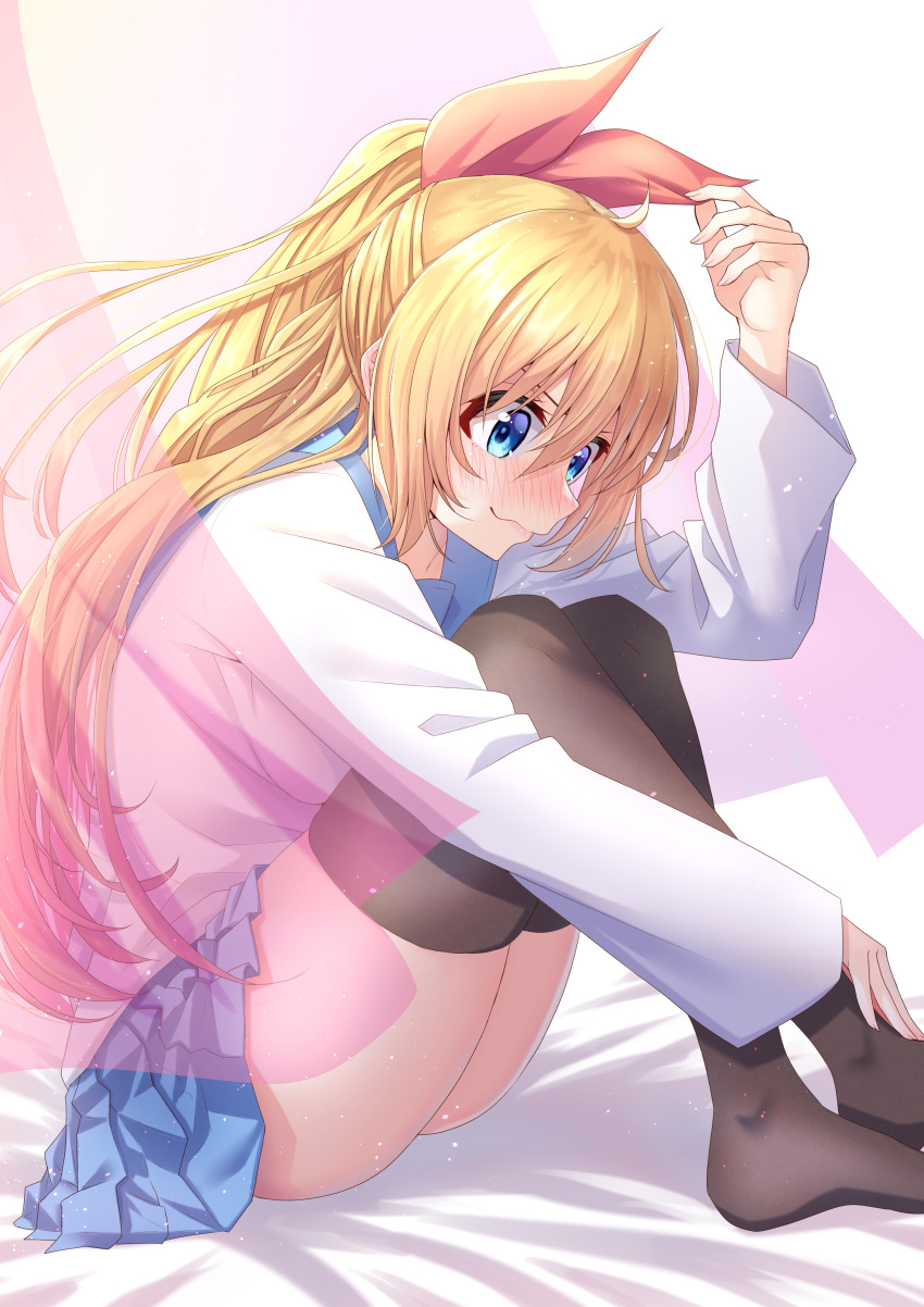 1girl absurdres bangs black_legwear blonde_hair blue_eyes blue_skirt blush bow closed_mouth daichi_(hayate1328) from_side hair_between_eyes hair_bow highres kirisaki_chitoge long_hair long_sleeves miniskirt nisekoi orange_bow pleated_skirt ponytail shiny shiny_hair shirt sitting skirt solo thighhighs very_long_hair white_shirt zettai_ryouiki